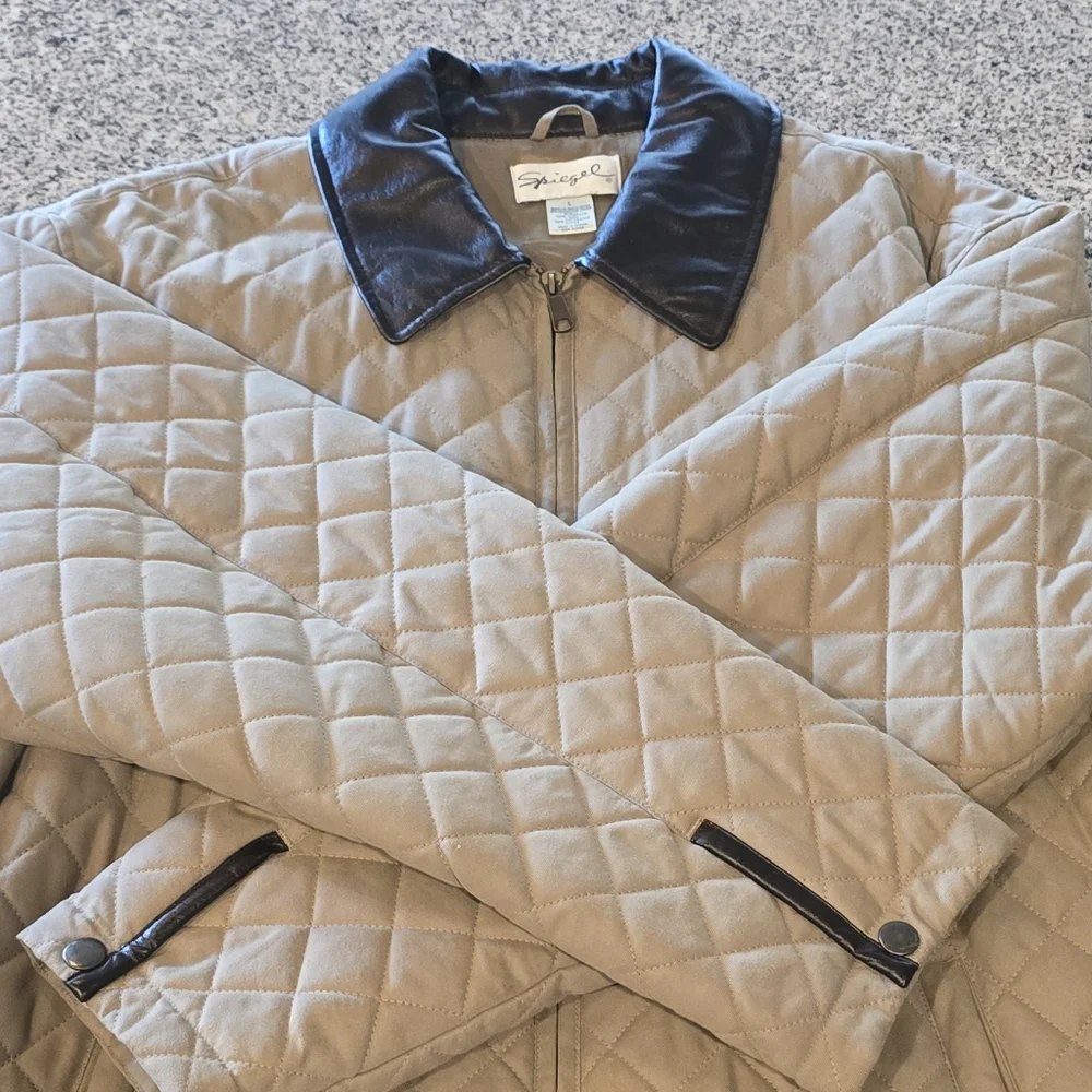 Vintage Spiegel Beige Quilted Jacket with Dark Faux Leather Trim - Picture 1 of 6